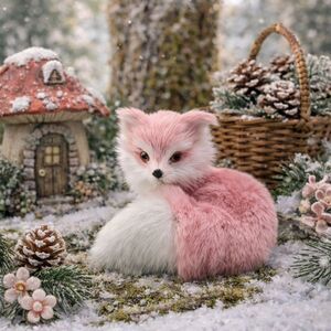 Pink Faux Fur Fox Figurine Woodland Cottagecore Winter Decor Mini Fox 4"